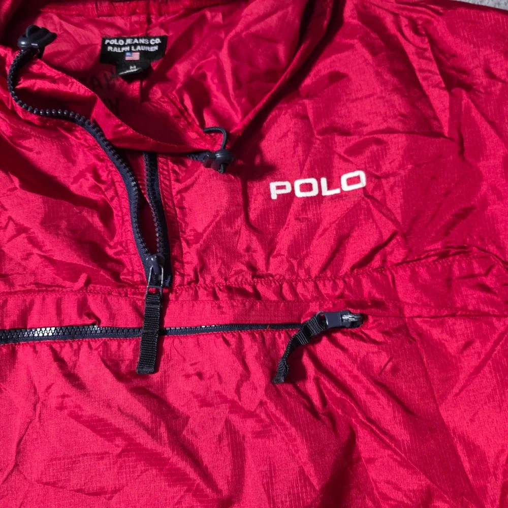 Polo Jeans Co Ralph Lauren Mens M Windbreaker Red Quarter Zip Hooded Anorak